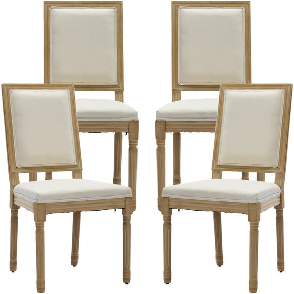 French Country Dining Chairs Set of 4, Cream Kitchen & Dining Room Chairs Set of 4, Ivory Linen Upholstered Dining Chairs, Wood Legs, High Back, Sillas De Comedor (Fabric, Beige, 4Pcs)