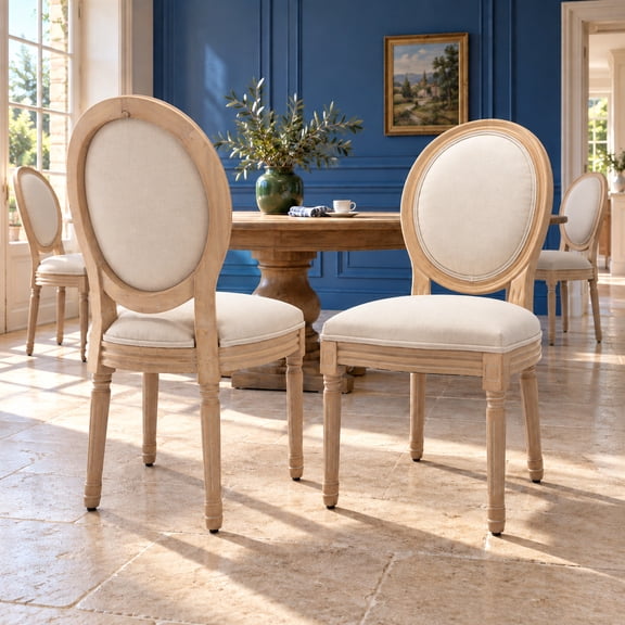 French Country Dining Chairs Set of 4, Cream Kitchen & Dining Room Chairs Set of 4, Ivory Linen Upholstered Dining Chairs, Wood Legs, Sillas De Comedor (Fabric, Beige, 4Pcs)