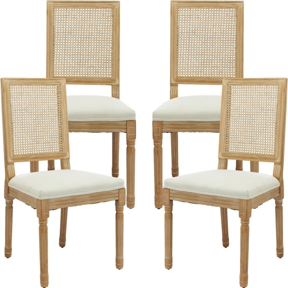 French Country Dining Chairs Set of 4, Cream Kitchen & Dining Room Chairs Set of 4, Ivory Rattan Dining Chairs, Cane High Back, Wood Legs, Sillas De Comedor (Rattan, Beige, 4Pcs)