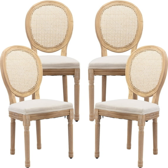 French Country Dining Chairs Set of 4, Cream Kitchen & Dining Room Chairs Set of 4, Ivory Rattan Dining Chairs, Cane Back, Wood Legs, Sillas De Comedor (Rattan, Beige, 4Pcs)