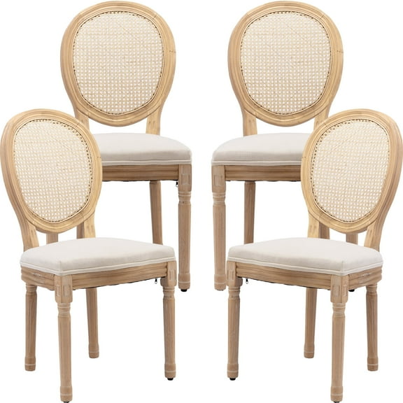 French Country Dining Chairs Set of 4, Cream Kitchen & Dining Room Chairs Set of 4, Ivory Rattan Dining Chairs, Cane Back, Wood Legs, Sillas De Comedor (Rattan, Beige, 4Pcs)