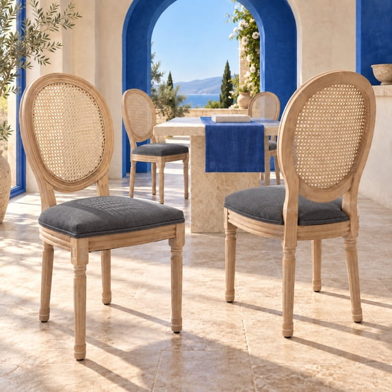 French Country Dining Chairs Set of 4, Gray Kitchen & Dining Room Chairs Set of 4, Gray Rattan Dining Chairs, Cane Back, Wood Legs, Sillas De Comedor (Rattan, Grey, 4Pcs)