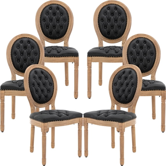 French Country Dining Chairs Set of 6, Black Kitchen & Dining Room Chairs Set of 6, Faux Leather Kitchen Chairs, Tufted Upholstered, Wood Legs, Sillas De Comedor (PU, Black, 6Pcs)