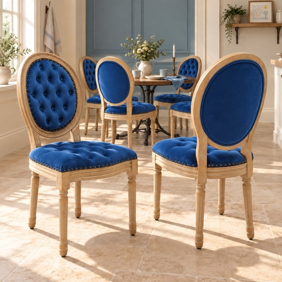 French Country Dining Chairs Set of 6, Blue Kitchen & Dining Room Chairs, Velvet Kitchen Chairs, Tufted Upholstered, Wood Legs, Sillas De Comedor (Velvet, Blue, 6 Pcs)