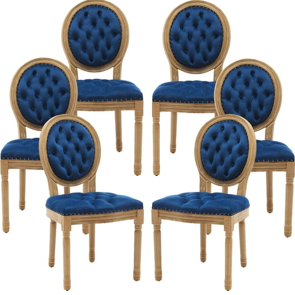 French Country Dining Chairs Set of 6, Blue Kitchen & Dining Room Chairs, Velvet Kitchen Chairs, Tufted Upholstered, Wood Legs, Sillas De Comedor (Velvet, Blue, 6 Pcs)