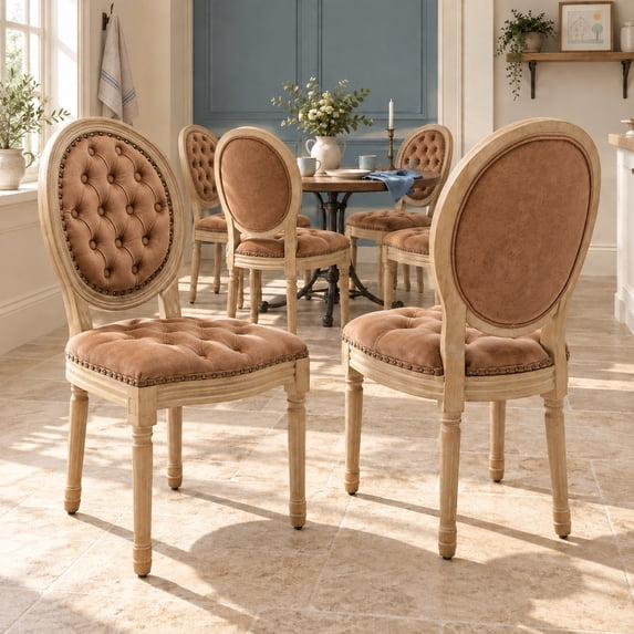 French Country Dining Chairs Set of 6, Caramel Kitchen & Dining Room Chairs, Faux Leather Kitchen Chairs, Tufted Upholstered, Wood Legs, Sillas De Comedor (PU, Amber, 6Pcs)