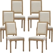 French Country Dining Chairs Set of 6, Cream Kitchen & Dining Room Chairs Set of 6, Ivory Linen Upholstered Dining Chairs, Wood Legs, High Back, Sillas De Comedor Fabric, Beige, 6Pcs