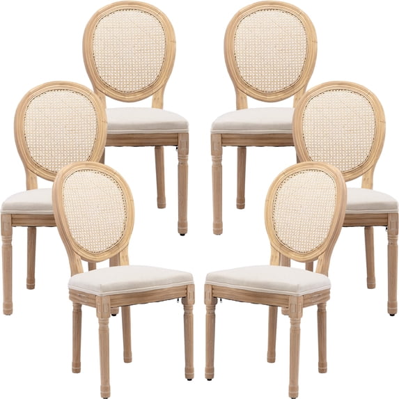 French Country Dining Chairs Set of 6, Cream Kitchen & Dining Room Chairs Set of 6, Ivory Rattan Dining Chairs, Cane Back, Wood Legs, Sillas De Comedor (Rattan, Beige, 6Pcs)
