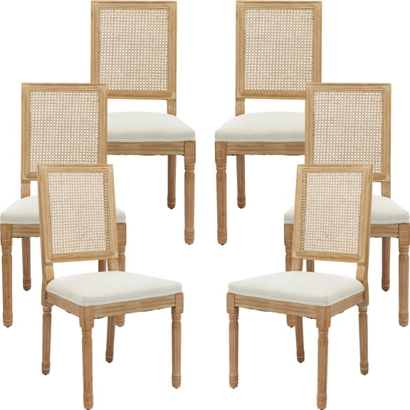 French Country Dining Chairs Set of 6, Cream Kitchen & Dining Room Chairs Set of 6, Ivory Rattan Dining Chairs, Cane High Back, Wood Legs, Sillas De Comedor (Rattan, Beige, 6Pcs)