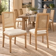French Country Dining Chairs Set of 6, Cream Kitchen & Dining Room Chairs Set of 6, Ivory Rattan Dining Chairs, Cane High Back, Wood Legs, Sillas De Comedor Rattan, Beige, 6Pcs