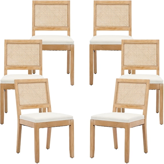 French Country Dining Chairs Set of 6, Cream Kitchen & Dining Room Chairs Set of 6, Ivory Rattan Dining Chairs, Cane Low Back, Wood Legs, Sillas De Comedor (Rattan, Beige, 6Pcs)