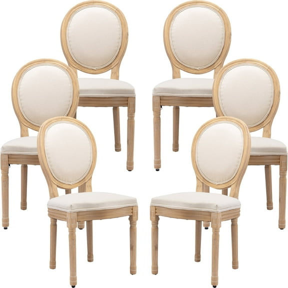 French Country Dining Chairs Set of 6, Cream Kitchen & Dining Room Chairs Set of 6, Ivory Linen Upholstered Dining Chairs, Wood Legs, Sillas De Comedor (Fabric, Beige, 6Pcs)