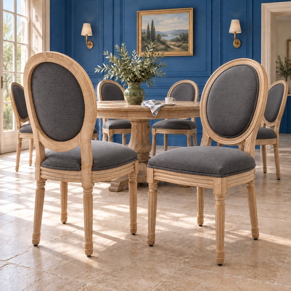 French Country Dining Chairs Set of 6, Dark Gray Kitchen & Dining Room Chairs Set of 6, Dark Gray Linen Upholstered Dining Chairs, Wood Legs, Sillas De Comedor (Fabric,Dark Grey, 6Pcs)