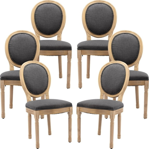 French Country Dining Chairs Set of 6, Dark Gray Kitchen & Dining Room Chairs Set of 6, Dark Gray Linen Upholstered Dining Chairs, Wood Legs, Sillas De Comedor (Fabric,Dark Grey, 6Pcs)