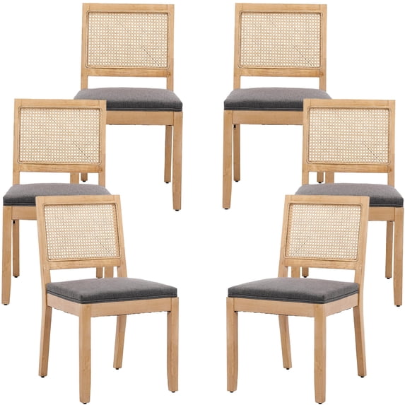 French Country Dining Chairs Set of 6, Grey Kitchen & Dining Room Chairs Set of 6, Rattan Dining Chairs, Cane Low Back, Wood Legs, Sillas De Comedor (Rattan, Gray, 6Pcs)