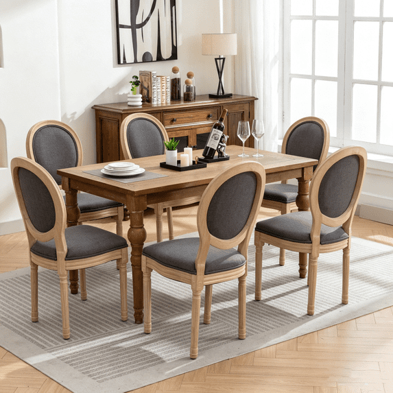 French Country Dining Chairs Set of 6, Linen Upholstered Oval Back Dining Room Chairs with Antique Solid Wood Frame, Farmhouse Accent Side Chairs for Kitchen, Living Room