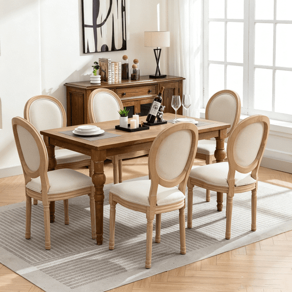 French Country Dining Chairs Set of 6, Linen Upholstered Oval Back Dining Room Chairs with Antique Solid Wood Frame, Farmhouse Accent Side Chairs for Kitchen, Living Room