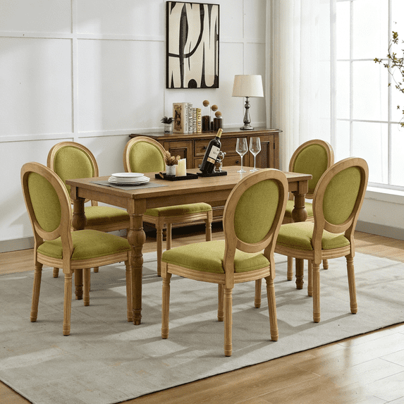 French Country Dining Chairs Set of 6, Linen Upholstered Oval Back Dining Room Chairs with Antique Solid Wood Frame, Farmhouse Accent Side Chairs for Kitchen, Living Room