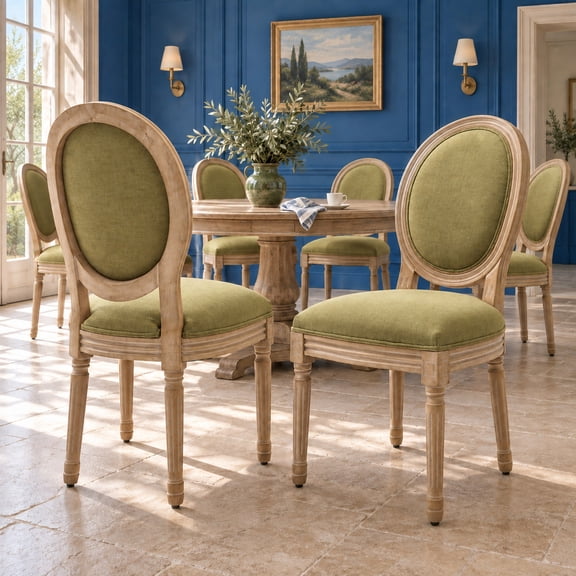 French Country Dining Chairs Set of 6, Olive Green Kitchen & Dining Room Chairs Set of 6, Linen Upholstered Dining Chairs, Wood Legs, Sillas De Comedor (Fabric, Olive, 6Pcs)