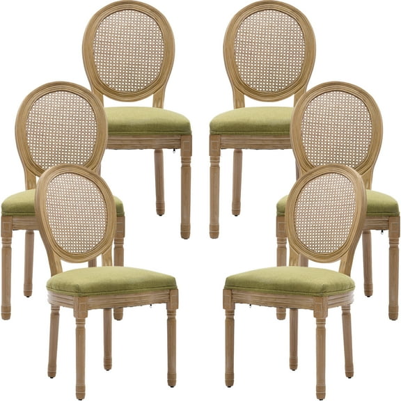 French Country Dining Chairs Set of 6, Olive Green Kitchen & Dining Room Chairs Set of 6, Rattan Dining Chairs, Cane Back, Wood Legs, Sillas De Comedor (Rattan, Olive Green, 6Pcs)