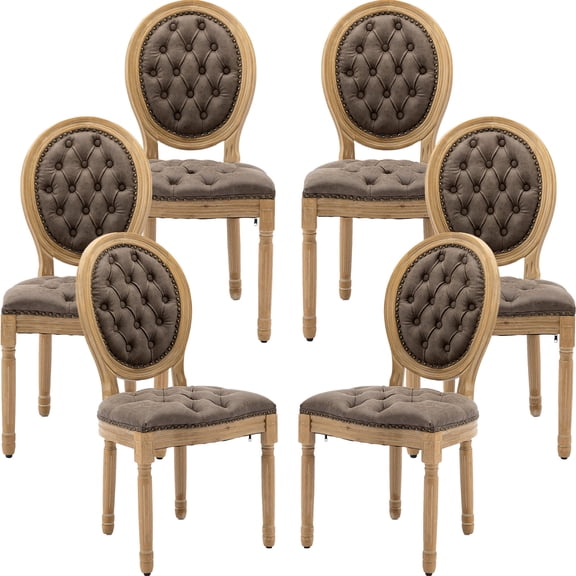French Country Dining Chairs Set of 6, Tan Kitchen & Dining Room Chairs, Taupe Faux Leather Kitchen Chairs, Tufted Upholstered, Wood Legs, Sillas De Comedor (PU, Brown, 6Pcs)