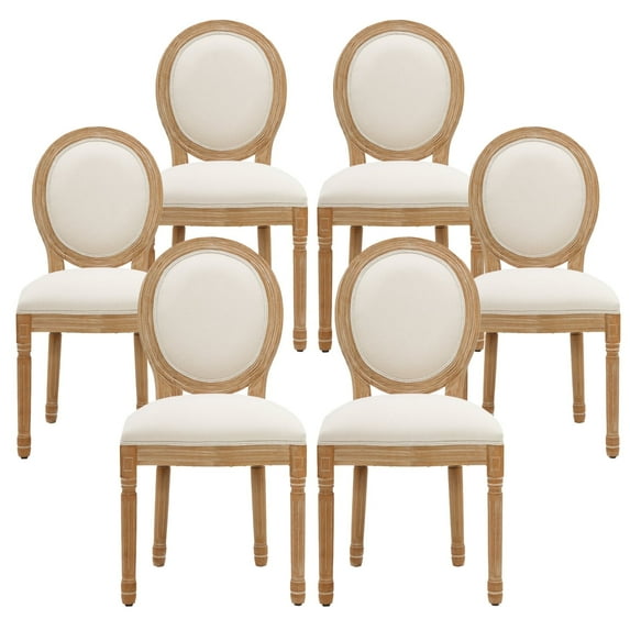 French Country Dining Chairs Set of 6, Upholstered Dining Room Chairs with Round Backrest, Linen Dining Chairs for Dining Room, Bedroom, Kitchen, Beige
