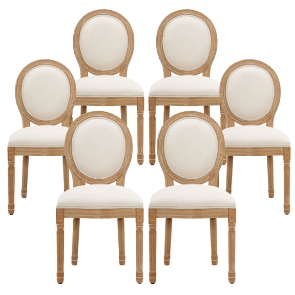 French Country Dining Chairs Set of 6, Upholstered Dining Room Chairs with Round Backrest, Linen Dining Chairs for Dining Room, Bedroom, Kitchen, Beige