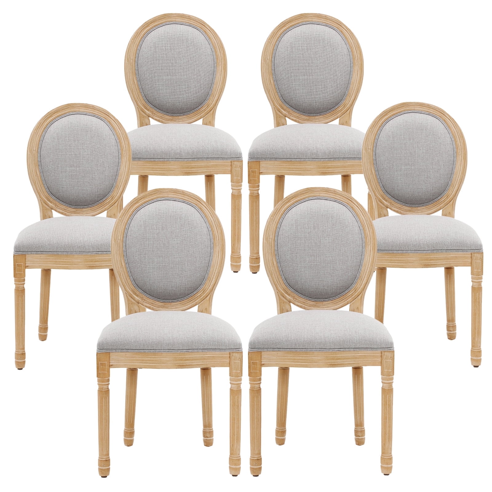 French Country Dining Chairs Set of 6, Upholstered Dining Room Chairs with Round Backrest, Linen Dining Chairs for Dining Room, Bedroom, Kitchen, Gray