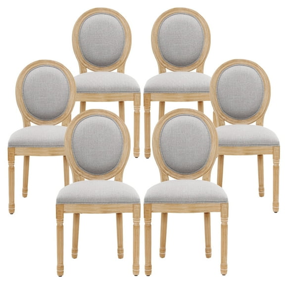 French Country Dining Chairs Set of 6, Upholstered Dining Room Chairs with Round Backrest, Linen Dining Chairs for Dining Room, Bedroom, Kitchen, Gray