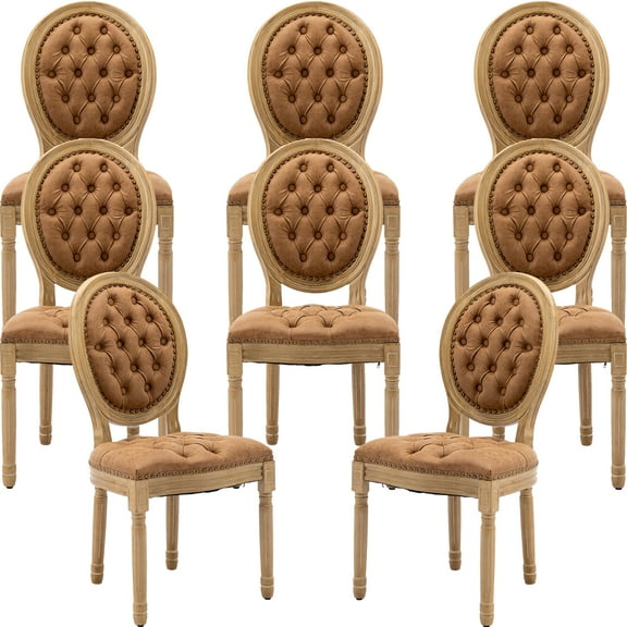 French Country Dining Chairs Set of 8, Caramel Kitchen & Dining Room Chairs, Faux Leather Kitchen Chairs, Tufted Upholstered, Wood Legs, Sillas De Comedor (PU, Amber, 8Pcs)