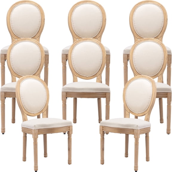 French Country Dining Chairs Set of 8, Cream Kitchen & Dining Room Chairs Set of 8, Ivory Linen Upholstered Dining Chairs,Sillas De Comedor,Wood Legs (Fabric, Beige, 8Pcs)