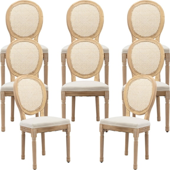 French Country Dining Chairs Set of 8, Cream Kitchen & Dining Room Chairs Set of 8, Ivory Rattan Dining Chairs, Cane Back, Wood Legs, Sillas De Comedor (Rattan, Beige, 8Pcs)