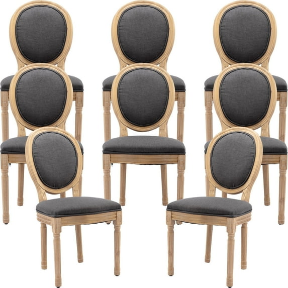 French Country Dining Chairs Set of 8, Gray Kitchen & Dining Room Chairs Set of 8, Linen Upholstered Dining Chairs, Wood Legs, Sillas De Comedor (Fabric, Grey, 8Pcs)