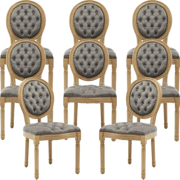 French Country Dining Chairs Set of 8, Gray Kitchen & Dining Room Chairs, Velvet Kitchen Chairs, Tufted Upholstered, Wood Legs, Sillas De Comedor (Velvet, Grey, 8 Pcs)