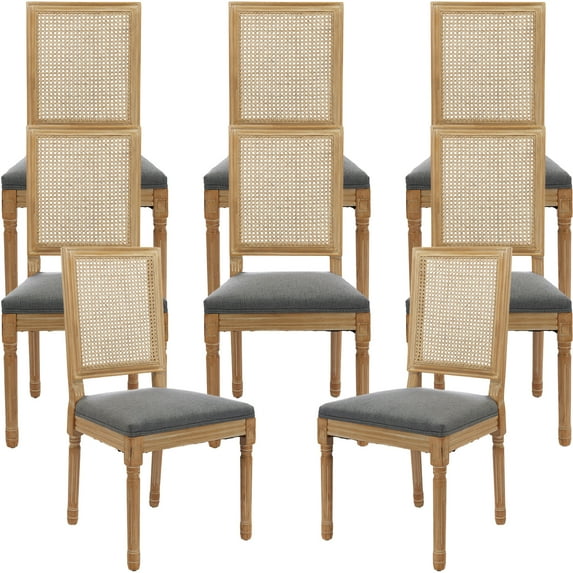 French Country Dining Chairs Set of 8, Grey Kitchen & Dining Room Chairs Set of 8, Rattan Dining Chairs, Cane High Back, Wood Legs, Sillas De Comedor (Rattan, Gray, 8Pcs)