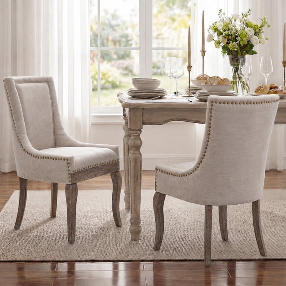 Dining Chairs Set of 2, LEGAHOME Farmhouse Upholstered Dining Side Chairs with High Back, Kitchen Chairs with Solid Wood Legs, Beige, 2 Pcs