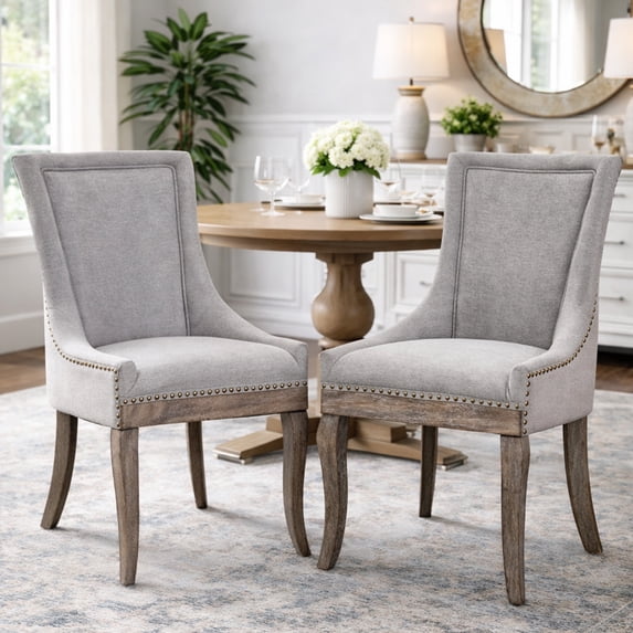 Dining Chairs Set of 2, LEGAHOME Gray Fabric Upholstered Dining Chairs, Mid-century Kitchen Chairs with High Back, Bronze Nail Head, Solid Wood Legs, Gray, 2 Pcs