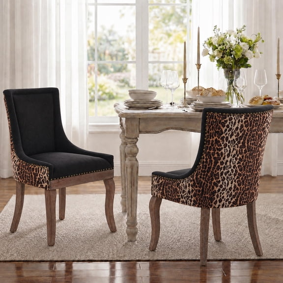 Dining Chairs Set of 2, LEGAHOME Farmhouse Upholstered Dining Side Chairs with High Back, Kitchen Chairs with Solid Wood Legs, Leopard, 2 Pcs