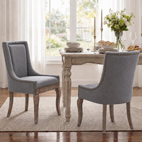 Dining Chairs Set of 2, LEGAHOME Farmhouse Upholstered Dining Side Chairs with High Back, Kitchen Chairs with Solid Wood Legs, Gray, 2 Pcs
