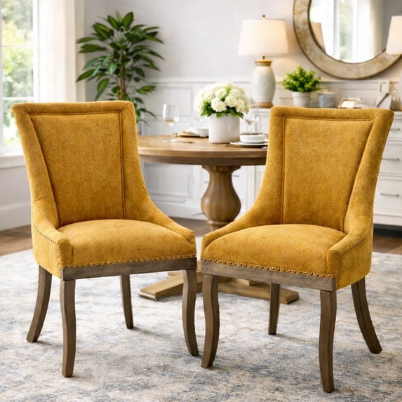 Dining Chairs Set of 2, LEGAHOME Yellow Fabric Upholstered Dining Chairs, Mid-century Kitchen Chairs with High Back, Bronze Nail Head, Solid Wood Legs, Yellow, 2 Pcs