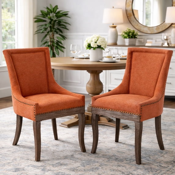 Dining Chairs Set of 2, LEGAHOME Orange Fabric Upholstered Dining Chairs, Mid-century Kitchen Chairs with High Back, Bronze Nail Head, Solid Wood Legs, Orange, 2 Pcs