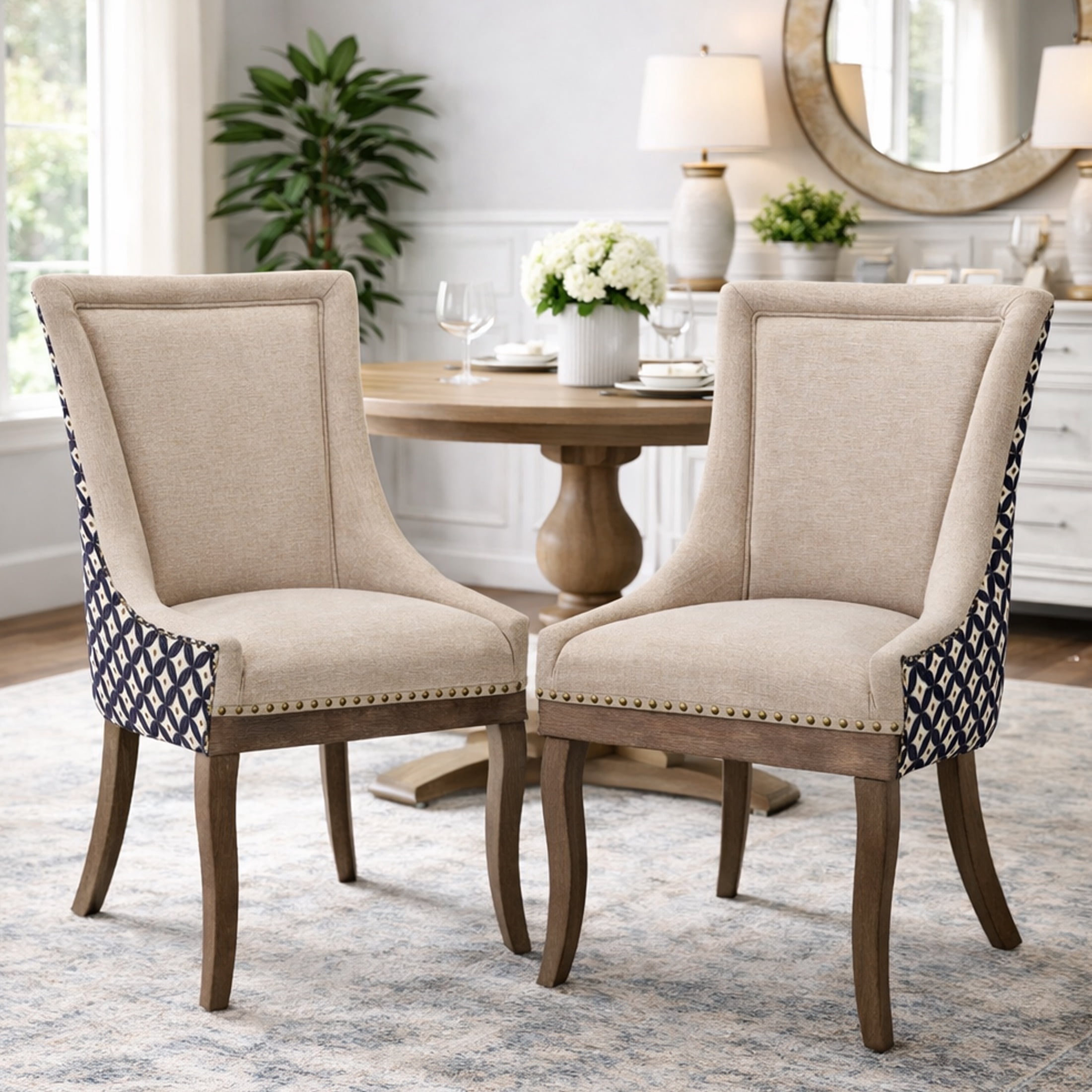Dining Chairs Set of 2, LEGAHOME Beige Fabric Upholstered Dining Chairs, Mid-century Kitchen Chairs with High Back, Bronze Nail Head, Solid Wood Legs, Beige, 2 Pcs