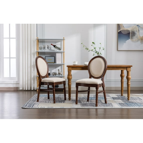 French Country Dining Chairs Set of 2,Solid Wood Frame Antique Painting PU Leather Accent Chair,Tufted Upholstered Oval Back Vanity Chair,Dark Brown