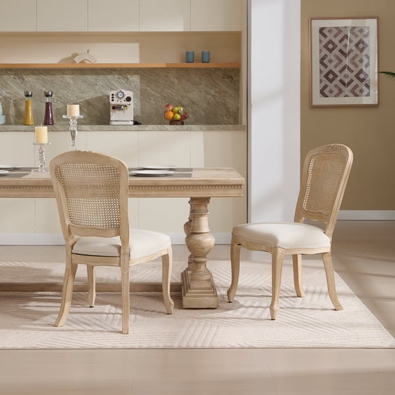 French Country Dining Chairs Set of 2 Upholstered with Natural Rattan Fan Back Disassemblable for Kitchen Living Room Restaurant Use Beige