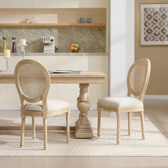 French Country Dining Chairs Set of 2 with Carved Wood Legs and Natural Rattan Back, Upholstered Beige Seats for Living Room or Dining Area