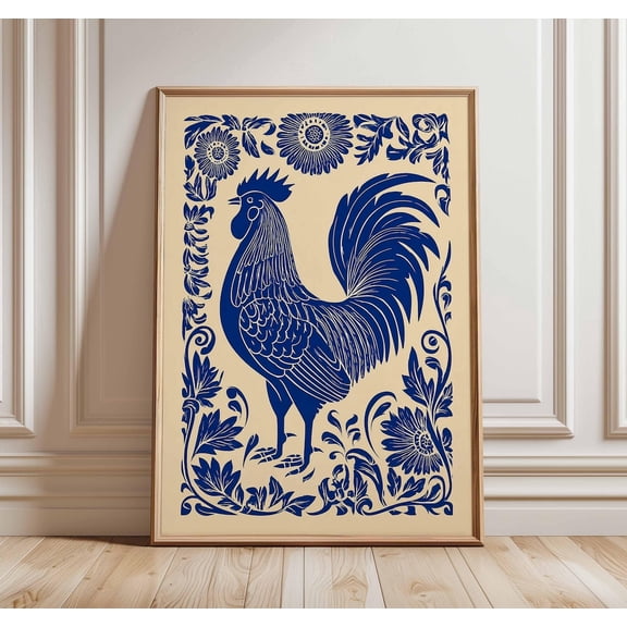 French Country Farmhouse Rooster Folk Art Rustic Blue Kitchen Decor Unframed Paper Print
