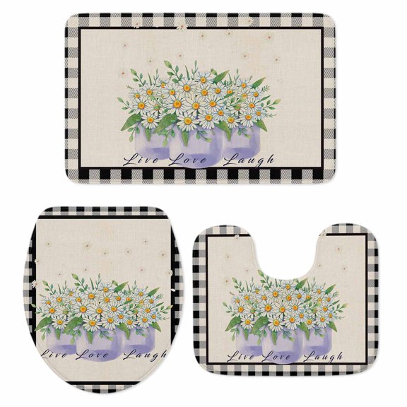 French Country Floral,Bath Mat 3 Piece Bathroom Rug Set,Purple Daisy Farmhouse Black White Check Non Slip Bath Rug Contour Mat and Toilet Lid Cover,Absorbent Shower Mats Soft Bath Rugs and Mats Sets