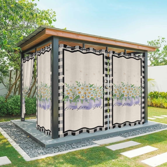 French Country Floral,Outdoor Curtains for Patio Waterproof,Windproof Privacy Curtains with Weighted Bottom,Purple Daisy Farmhouse Black White Check Outside Drapes for Picnic Garage 54"x84" 1 Panel