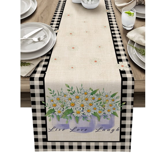 French Country Floral, Table Runner 48 Inches, Purple Daisy Farmhouse Black White Check Bed Runner Dresser Scarves Tabletop for Indoor Outdoor Parties/Ceremony/Banquet, 13" x 48"