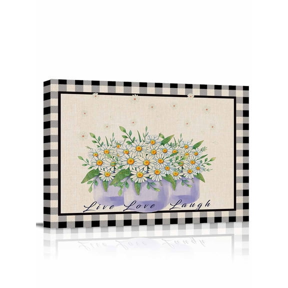 French Country Floral,Wall Art for Living Room,Canvas Picture Wall Decor for Bathroom Bedroom,Purple Daisy Farmhouse Black White Check Painting Artwork for Office Hallway Dining Room Decor 12"x16"